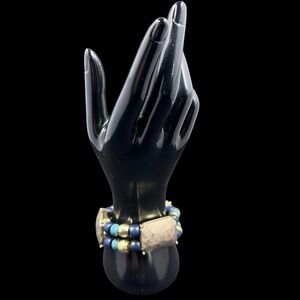 Boho Chunky Beaded Stretch Bracelet Blue Gold Layered Statement Jewelry NWOT